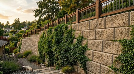 Obraz premium Stone retaining wall with wooden fence in hillside garden. Backyard landscaping project with climbing ivy plant on concrete block structure. Exterior home design and residential terrace.