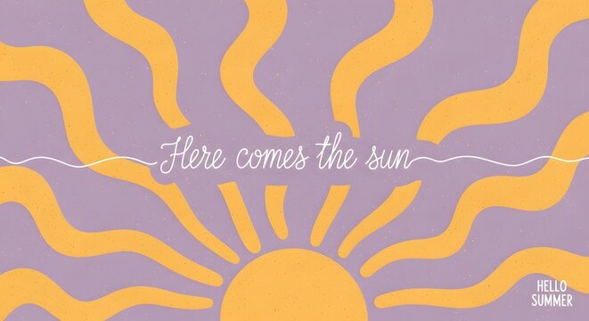 Retro 70s Style Summer Banner with Yellow Wavy Sun Rays and Purple Background for Here Comes The Sun Quote