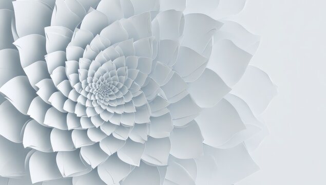 Close-up of a digitally rendered white flower, its spiraling petals detailed and layered against a soft gradient background
