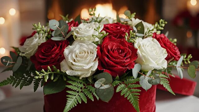 Luxurious Red and White Rose Arrangement in Velvet Red Hat Box with Greenery