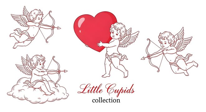 Set of Little Cupids Vector Illustrations with Bow and Arrow on Clouds and Large Red Heart for Valentine's Day Design