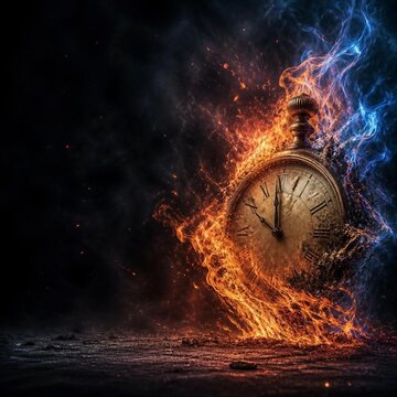 Time on Fire: Vintage Pocket Watch Consumed by Blue and Orange Flames