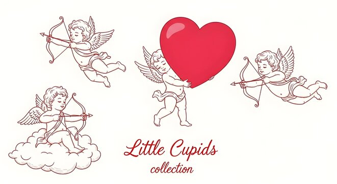 Set of Little Cupids Vector Illustrations with Bow and Arrow on Clouds and Large Red Heart for Valentine's Day Design
