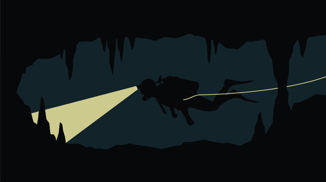 Flashlight illuminating dark cave walls