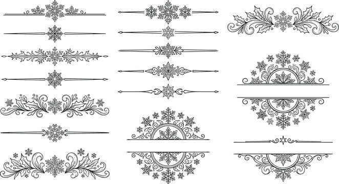 vintage Christmas snowflake dividers and monogram frames set winter decorative borders collection ai generated isolated vector illustration