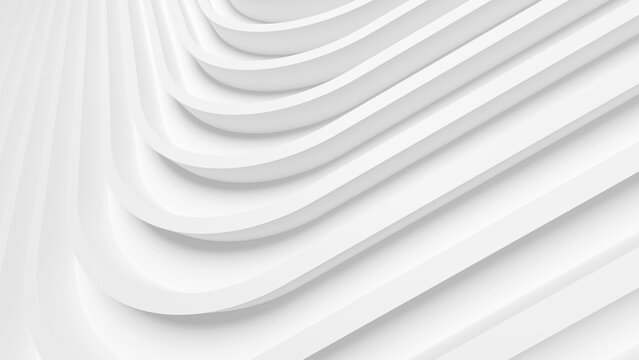 Abstract 3D render of white minimalist layered geometric structures, featuring clean sweeping curves and parallel lines