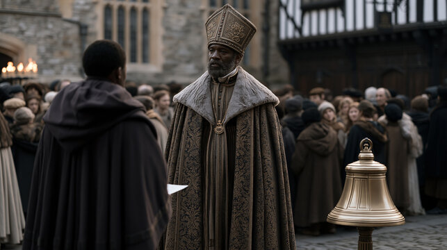 Stentor in full ceremonial regalia rings handbell on cobblestone market square outside medieval guild hall reciting official proclamation to assembled townspeople in woolen coats