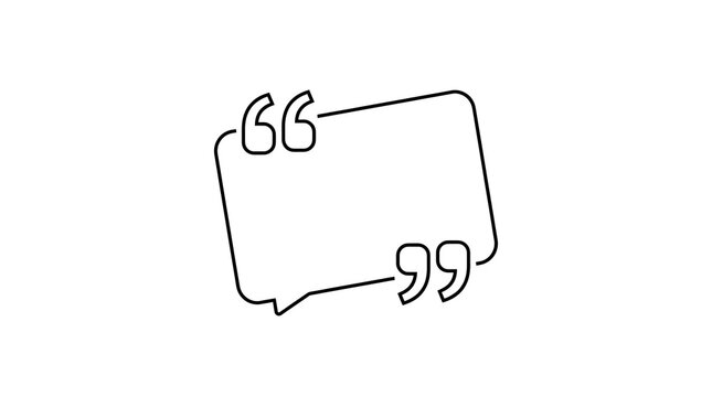 A simple line drawing of a speech bubble with quotation marks on a plain white background