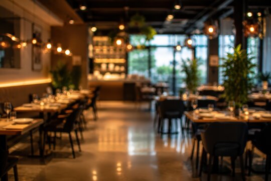 Blurred restaurant interior background luxury fine dining bokeh warm lighting evening cafe atmosphere bistro design furniture indoor reflection