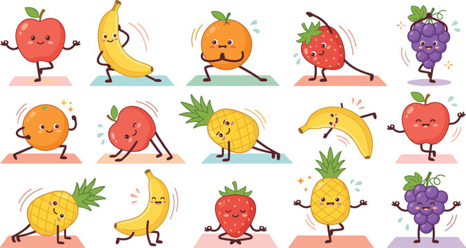 cute cartoon fruits doing yoga poses and fitness exercises set healthy lifestyle concept ai generated isolated vector illustration