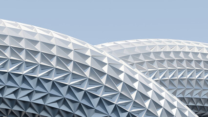 3D render of a white futuristic architectural dome with a geometric triangular pattern structure against a clear sky © ilham