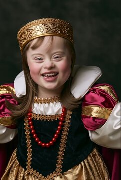 Fine art portrait of girl with Down syndrome in regal historical costume during kids theather performance  She wears gold crown, looks at camera with serious expression.