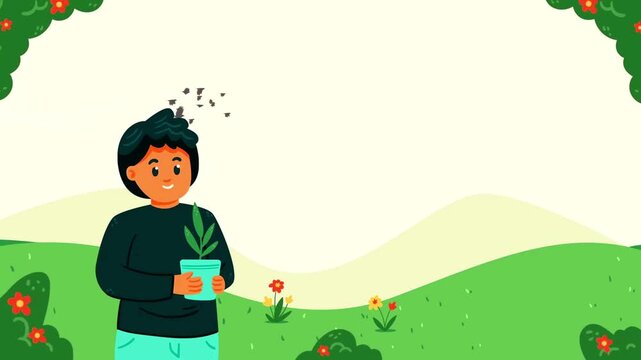 Eco friendly young boy and girl standing in a green field holding a potted plant and an ecology leaf lightbulb.