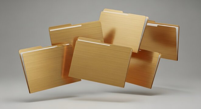 A pile of golden manila folders floating in the air against a neutral gray background