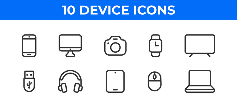 Electronic device icon set. Laptop, computer, camera, phone, headphone and more. Editable stroke.