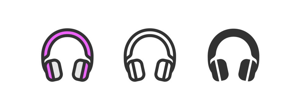 Headphone icon. Pink, black stereo earphones. Listen music. Editable stroke.