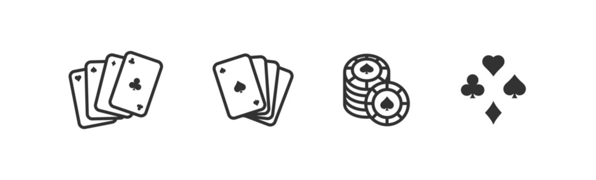 Poker card and chips icon set. Risk, chance, luck and success. Gambling blackjack. Editable stroke.
