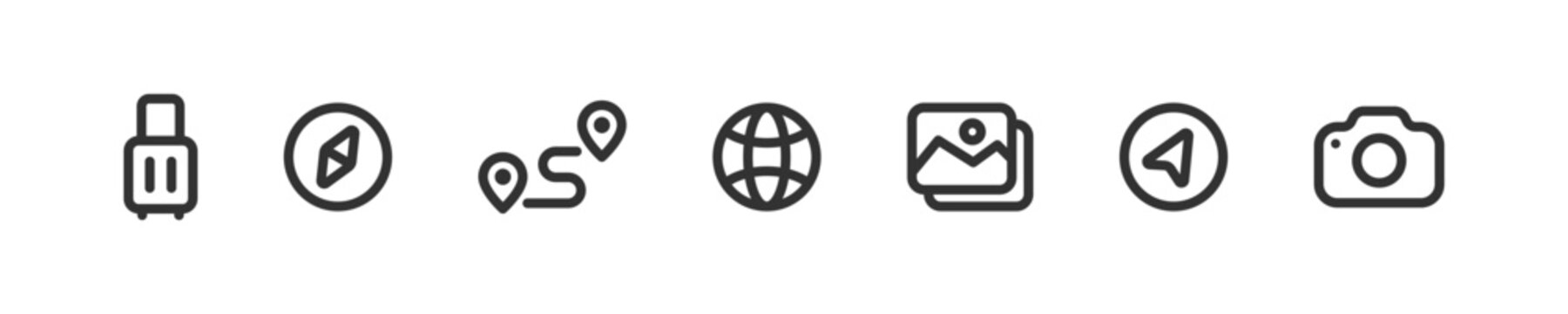 Travel icon set. Tourism route. Photo gallery. Map, compass and camera things for travel. Editable stroke.