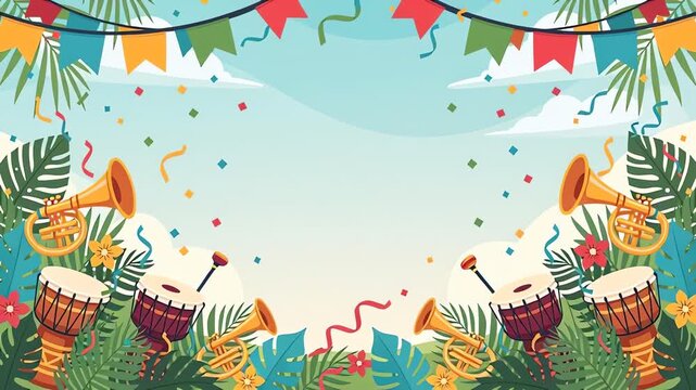 Bright carnival party design with colorful drums and flags inspired by Cinco de Mayo and Brazil festivities