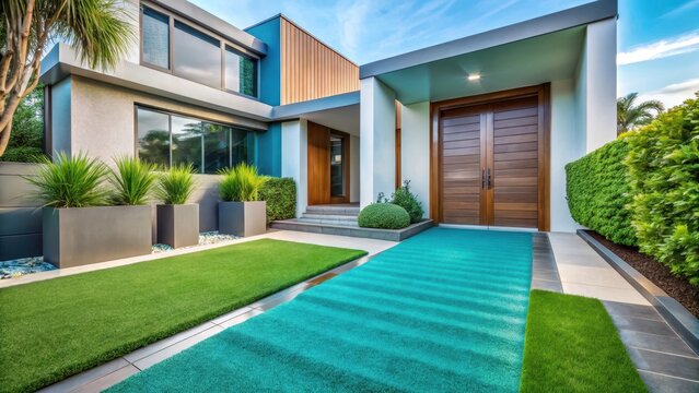 Vibrant aquamarine synthetic turf enhancing the front of a modern home with a simple concrete pathway