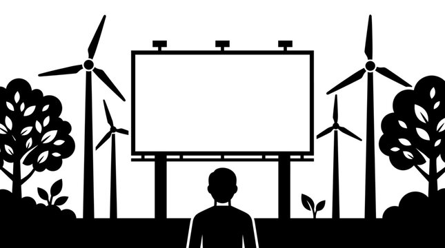 A silhouette of a person standing before a blank outdoor billboard.