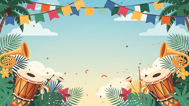 Decorative carnival drums and festive bunting on green background creating a joyful cultural celebration theme