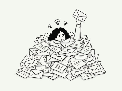 Stressed person buried under a massive pile of paper envelopes illustration