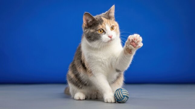 Adorable Calico Cat Playing with Yarn Ball on Blue Background.