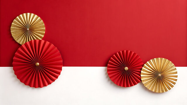 Red and gold paper fans on red and white background for decoration and celebration  cultural and festive design elements transparent background