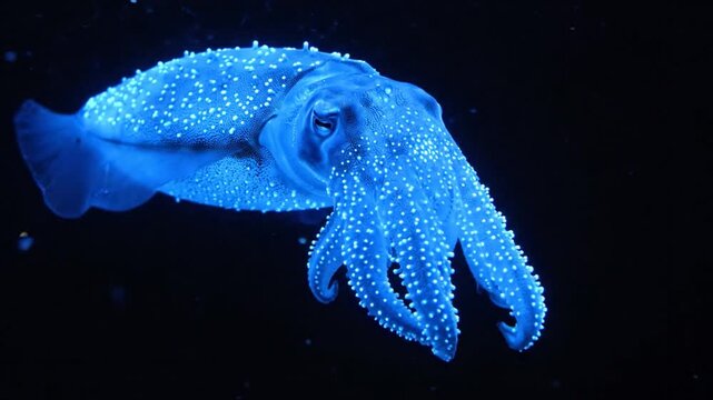 A Firefly Squid with Brilliant Blue Bioluminescent Light Glowing in the Dark Ocean Depths