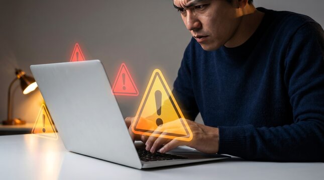 Stressed man typing on a silver laptop while observing multiple glowing digital warning alert icons