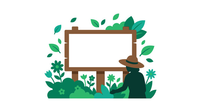 A silhouette of a gardener with a straw hat standing by a wooden billboard surrounded by lush greenery.