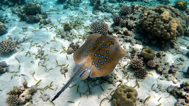 A Blue-Spotted Stingray Glides Gracefully Over a Sandy Reef Bottom