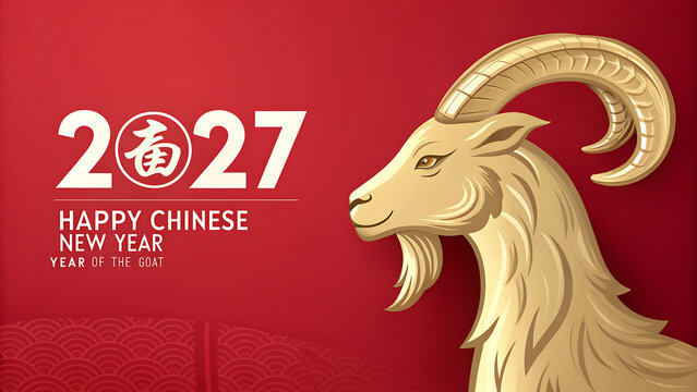 Chinese New Year 2027 Year of the Goat celebration with golden goat head on red background with text transparent background