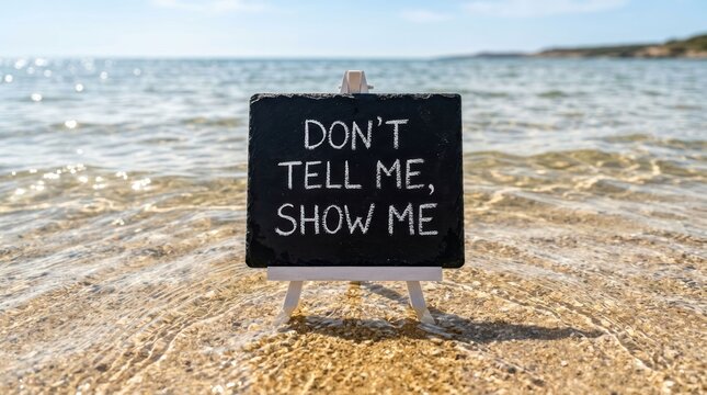 Dont Tell Me Show Me Sign on Beach with Ocean Background.