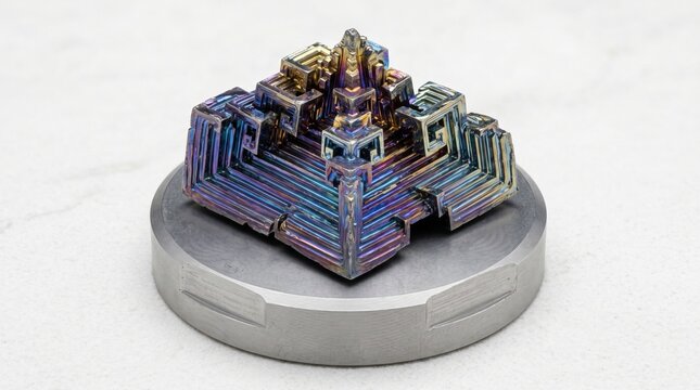 Primer plano de un cristal de bismuto sintético con estructura de pirámides escalonadas e iridiscencia