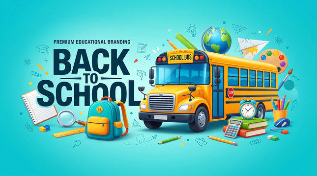 Back to school yellow bus with supplies illustration and Back to School 2026, Back to School Poster Design 2026, School Admission