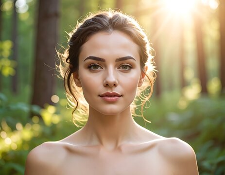 Serene woman in forest setting portrait.