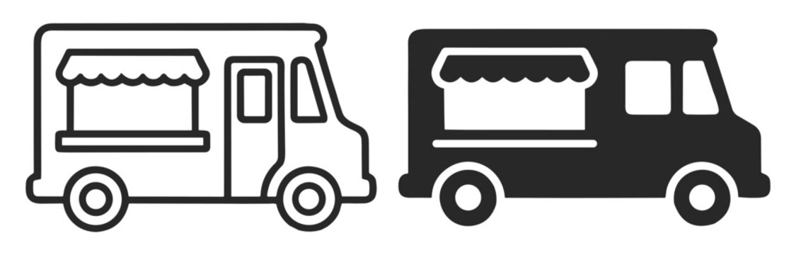 Set of simple black and white food truck icons with service window and wheels on transparent background