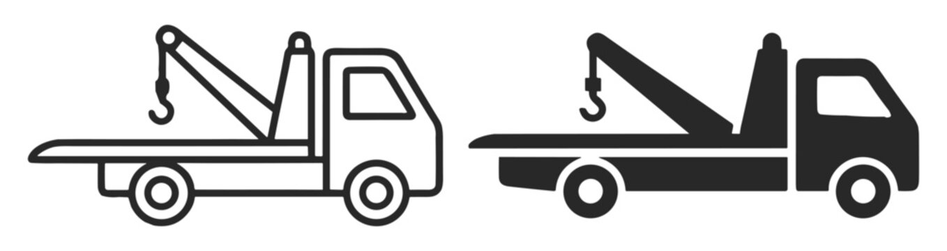 Tow truck icons set with flat and line art style vehicle designs for roadside assistance and vehicle recovery services on transparent background