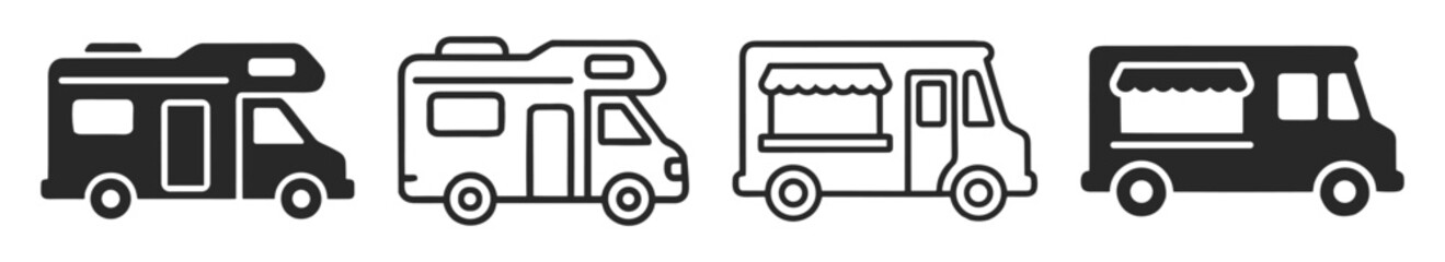 Set of black and white camper van and food truck icons in solid and outline styles on transparent background