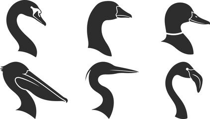 Set of bird head silhouettes including swan, goose, duck, pelican, heron, flamingo © sefatahmed