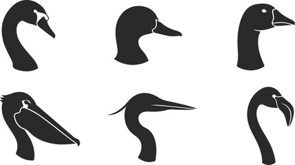 Set of bird head silhouettes including swan, duck, goose, pelican, and flamingo © sefatahmed