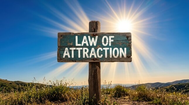 Law of Attraction Signpost with Bright Sun and Blue Sky.
