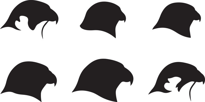 Set of falcon bird head silhouettes isolated on white background