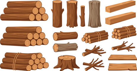 cartoon wood logs piles tree trunks stumps timber planks and firewood sticks set ai generated isolated vector illustration © Sujon Shah