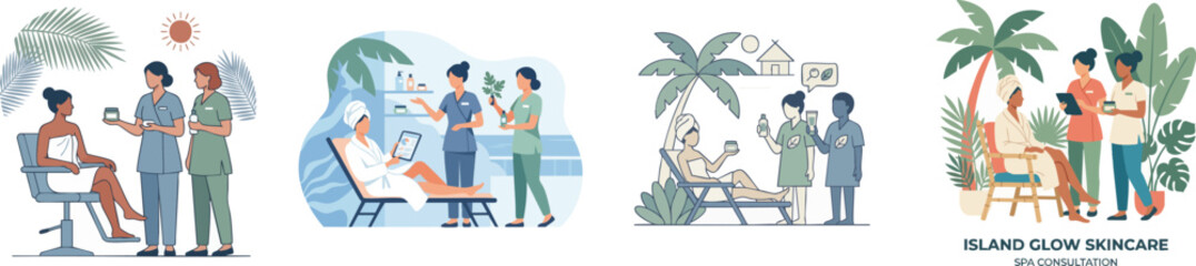 Obraz premium A minimalist vector graphic showing a female client wrapped in a towel getting skincare advice and cosmetic products from professional spa therapists in a tropical , vector set isolated on white