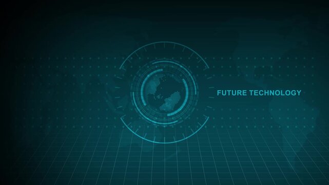 Abstract digital display with spinning globe in center with text future technology on dark grid background loop animation.