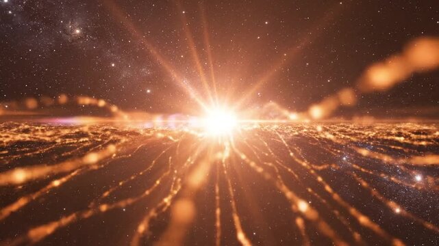 A bright light shines with radiating beams across a starry night sky with celestial activity.