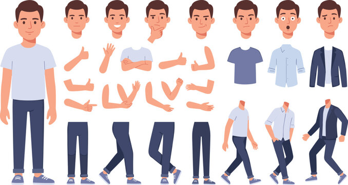 cartoon young man character creation kit with different poses gestures emotions clothes parts set ai generated isolated illustration